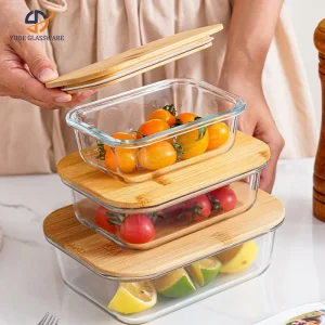 Modern Single Tier Borosilicate Glass Bento Box Square Shape Storage Jar with Bamboo Lid for Freshness Preservation Lunch Boxes
