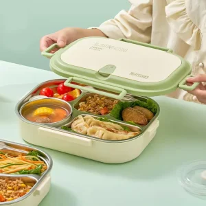 Modern Style SUS 304 Stainless Steel Eco-Friendly Lunch Container Divided Tray Leakproof Bento Box Soup Bowl for Office Workers