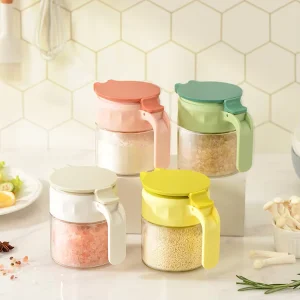 Moisture proof Salt Pepper Storage Seasoning Container Box Jar with Auto Open Lid and Handle Sturdy Stylish Kitchen
