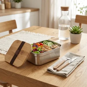 Multi Capacity Stainless Steel Square Food Storage Containers Leak Proof Portable Bento Boxes Wooden Lids Eco Friendly