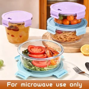 Multi Size Round Glass Fresh Keeping Bowl Food Grade PP Lid Heat Resistant Glass Food Container