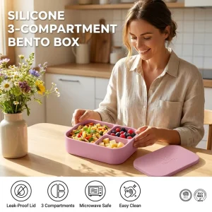 Multifunctional Silicone Lunch Box with Lid Kitchen Food Storage Container Leakproof 3 Cavity Bento Lunch Box for Children