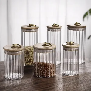 Multiple Specification Volumes Ribbed High Borosilicate Glass Storage Jars with Bamboo Lid and Silicone Rings