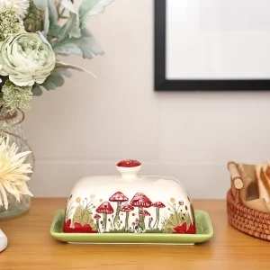 Mushroom Butter Dish Lid Porcelain Storage Container Vintage French Covered Tray Boho Farmhouse