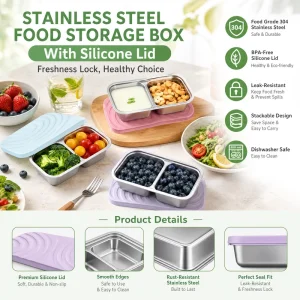 New 304 Stainless Steel Microwave Safe Modern Minimalist Food Storage Container Divided Snack Box Silicone Lid