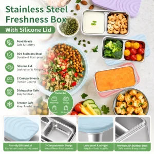 New 304 Stainless Steel Microwave Safe Modern Minimalist Food Storage Container Divided Snack Box Silicone Lid