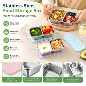 New 304 Stainless Steel Microwave Safe Modern Minimalist Food Storage Container Divided Snack Box Silicone Lid