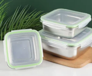 Non Toxic Light Green Silicone Border Airtight Square Clear Lid Stainless Steel Eco Friendly 1 Lunch Box