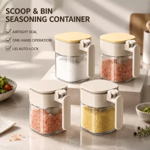 OEM Custom Logo Kitchen Seasoning Container One Touch Airtight Salt Sugar Spice Jar with Scoop and Handle