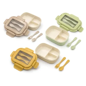 OEM Plastic 3 Compartment Lunch Box with Detachable Four Side Locking Lid and Cutlery for School Office Picnic