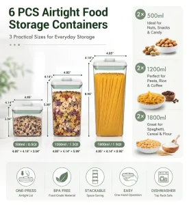 One Touch Pop Airtight Food Storage Containers 6Pcs Set BPA Free Eco Friendly Kitchen Pantry Organization Storage
