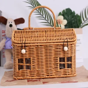 PP Rattan Picnic Basket With Handle Handwoven Kids Storage Organizer Basket Portable Gift Basket for Picnic Wedding Home Decor