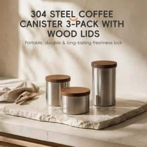 PURECOOK Airtight Stainless Steel Coffee Canister Wooden Lid Sealed Container for Coffee Beans Tea Spice Kitchen Storage