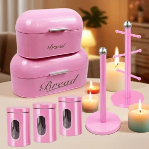 Pink Metal Bread Bin, Sugar, Tea and Coffee Storage Canisters Set with Paper Towel Holder for Kitchen