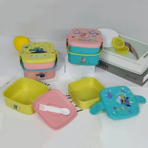 Plastic Bento Lunch Box for Kids Microwavable Lunch Box Food Container for Boys and Girls Includes Cutlery 2 Compartment