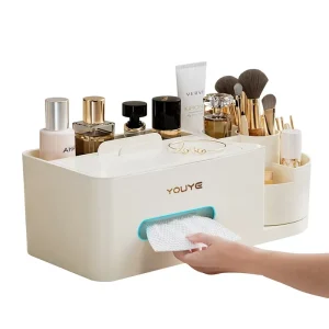 Plastic Modern Minimalist Cosmetic Storage Box Desktop Vanity Organizer Compartments Skincare Tissue Box Home Use Drawer Style