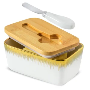 Porcelain Butter Dishes with Bamboo Lid and Knife Eco Friendly Sealed Storage Containers Rectangle American Style