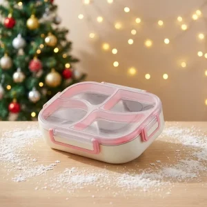 Portable 4 Grid SUS304 Stainless Steel Bento Box Leak Proof Divided Lunch Container With Sealed Transparent Lid
