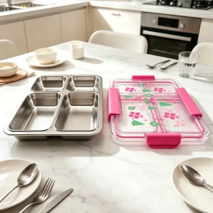 Portable BPA Free Stainless Steel School Lunch Box Set Plastic Lid Leak Proof Dishwasher Safe 1-1.5L Microwavable Heatable