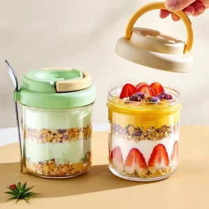 Portable Circle Overnight Oats Jar Lid Spoon Glass Yogurt Cup Handle Airtight Leakproof Eco-Friendly Breakfast Meal Prep
