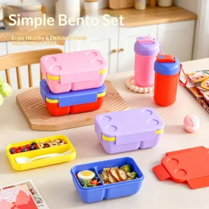 Portable Cute Eco Friendly Compartments Salad Picnic School Plastic Lunch Box and Water Cup Set with Tableware