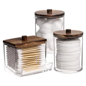 Portable Eco Friendly Plastic Cosmetics Storage Box Swab Pad Container Holder Dispenser for Cotton Ball with Wood Lids