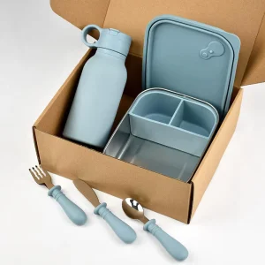 Portable Foldable Silicone Cup 5-Piece Stainless Steel Cutlery Set Single Compartment Outdoor Lunch Box Preservation Lids