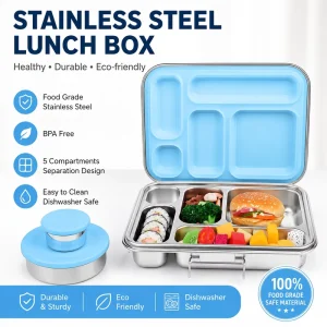 Portable Leak Proof Stainless Steel Bento Box Kids Lunch Box 5 Compartments Microwave Safe Lunch Box