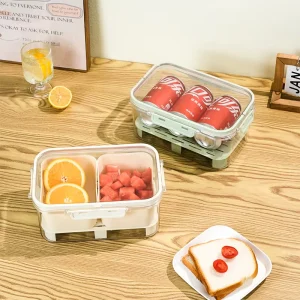 Portable Multi Grid Food Container Kitchen Refrigerator Organizer Clear Divided Serving Veggie Tray Box with Lid and Handle