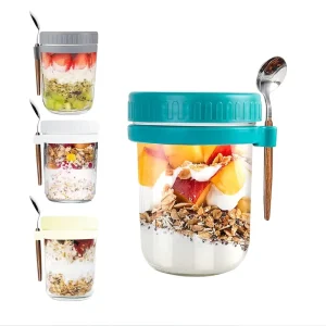 Portable Multifunctional 350ml Sealed Overnight Oat Glass Breakfast Milkshake Fruit Cup with Stainless Steel Spoon