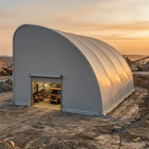 Portable Pre Engineered Oilfield Fabric Shelter Monopitch Half Arch 60x120m Light Grey PVC for Copper Concentrate Storage