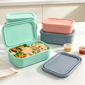 Portable Silicone Meal Prep Box Leak Proof Reusable Stackable Silicone Food Storage Lunch Box