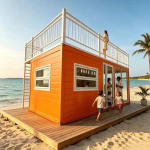 Prefab Container House with Glass Wall Rooftop Deck Wooden Platform for Airbnb Beach Resort Vacation Home
