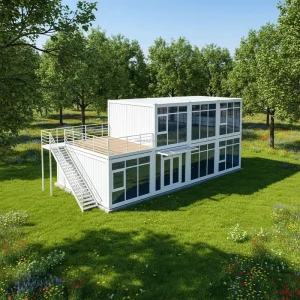 Prefab Two-Story White FlatPack Container Office Building with Rooftop Terrace Outdoor Modular Site Office