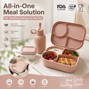 Printed Logo Silicone Airtight Food Storage Containers With Lids Anti Spill BPA Free Lunch Box Set With Water Bottle