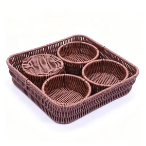 Rattan Basket With 4 Separable Round Small Baskets Multi Grid Serving Container For Dried Fruits Nuts Snacks Candy Storage