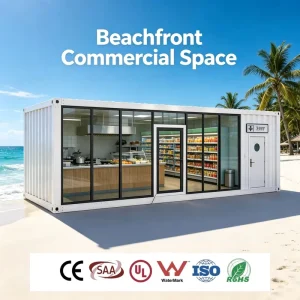 Ready-Made Breathable Container Beach Bar Kiosk with Pass-Through Window and Ocean View Canopy for Coastal Drink Business