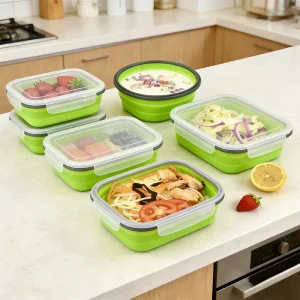 Rectangle Foldable Silicone Lunch Boxes Set Multi Functional Expandable Food Storage Containers for Microwave