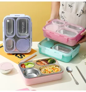 Rectangle Stainless Steel Bento Boxes 850ml 4 Compartment Dual Tier Korean Lunch Box Bowl Durable BPA Free Dishwasher Safe Food