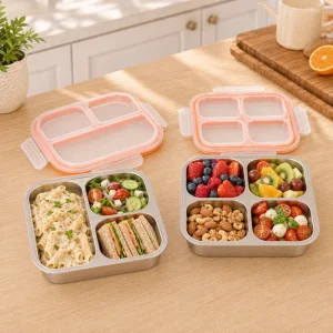 Removable 304 Steel Tray 600ml 4 Compartment Reusable School Camping Travel Kids Lunch Box Stainless Steel