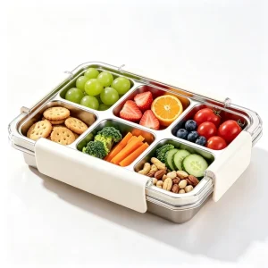 Reusable 600ml 6 Compartment Metal Snack Container with Lids Divided Lunch Container for Kids Stainless Steel Snack Bento Box