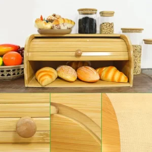 Roll Lid Bamboo Bread Box Eco Friendly Lightweight Food Safe Vintage Large Kitchen Countertop Storage Container for Bagels