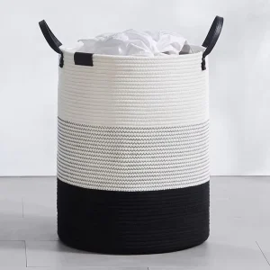 Rope Laundry Hamper Woven Collapsible Laundry Basket Clothes Storage Basket for Blankets White Black