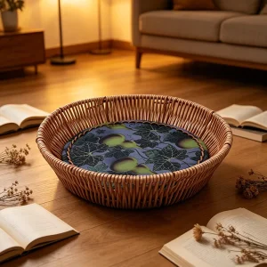 Round Bowl Shape Handwoven Rattan Fruit Storage Basket Customizable Bottom Printed Pattern for Household Tabletop Fruit Display