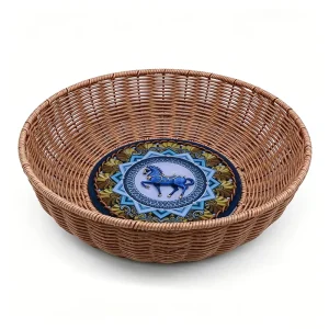 Round Bowl Shaped Handwoven Rattan Fruit Basket Custom Printed Pattern on Bottom Decorative Tray for Home Kitchen Fruit Storage