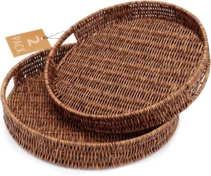 Round Hand Woven PP Rattan Basket Tray with Handle Decorative Plastic Storage Tray for Home Organizer Fruit and Food
