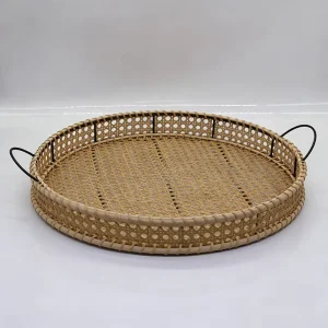 Round Handwoven Bamboo Look Rattan Serving Tray with Handles Multipurpose Woven Basket for Home Dining & Restaurant