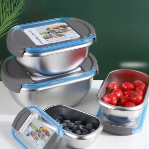 Rounded Rectangle Gloss Silver Dual Sided Gray Flip Buckle Bright Blue 304 Stainless Steel Heatable Plastic Lid Lunch Box
