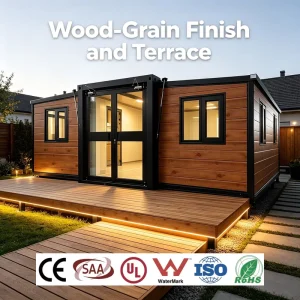 SAA Certified Fireproof Rockwool Wood Grain Texture 3 Bedroom Expandable Prefabricated Modular House for Australia Resort Villa