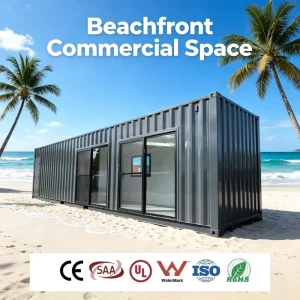Salt-Air Resistant Detachable Container Beach Cafe with Sun Awning and Sliding Glass Counter for Boardwalk Food Business